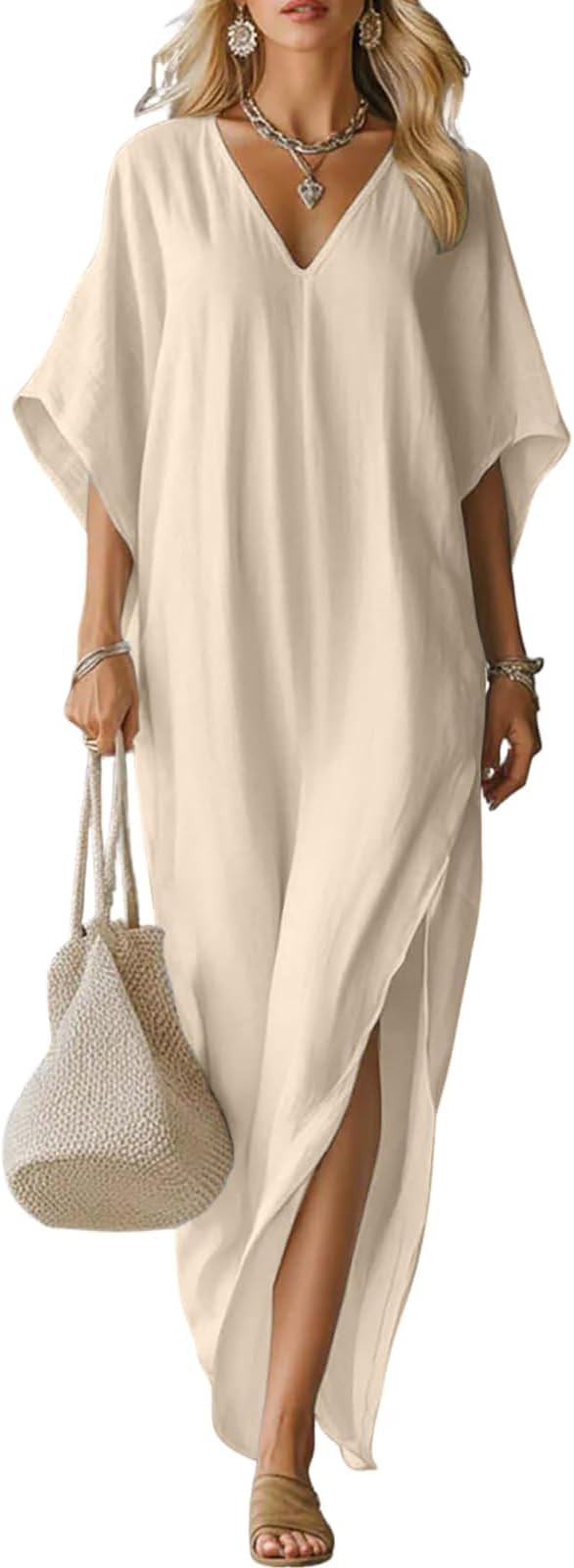 Boho Dresses for Women 2026 Summer V Neck Half Sleeve Maxi Dress Loose Side Slit Beach Vacation K... | Amazon (US)