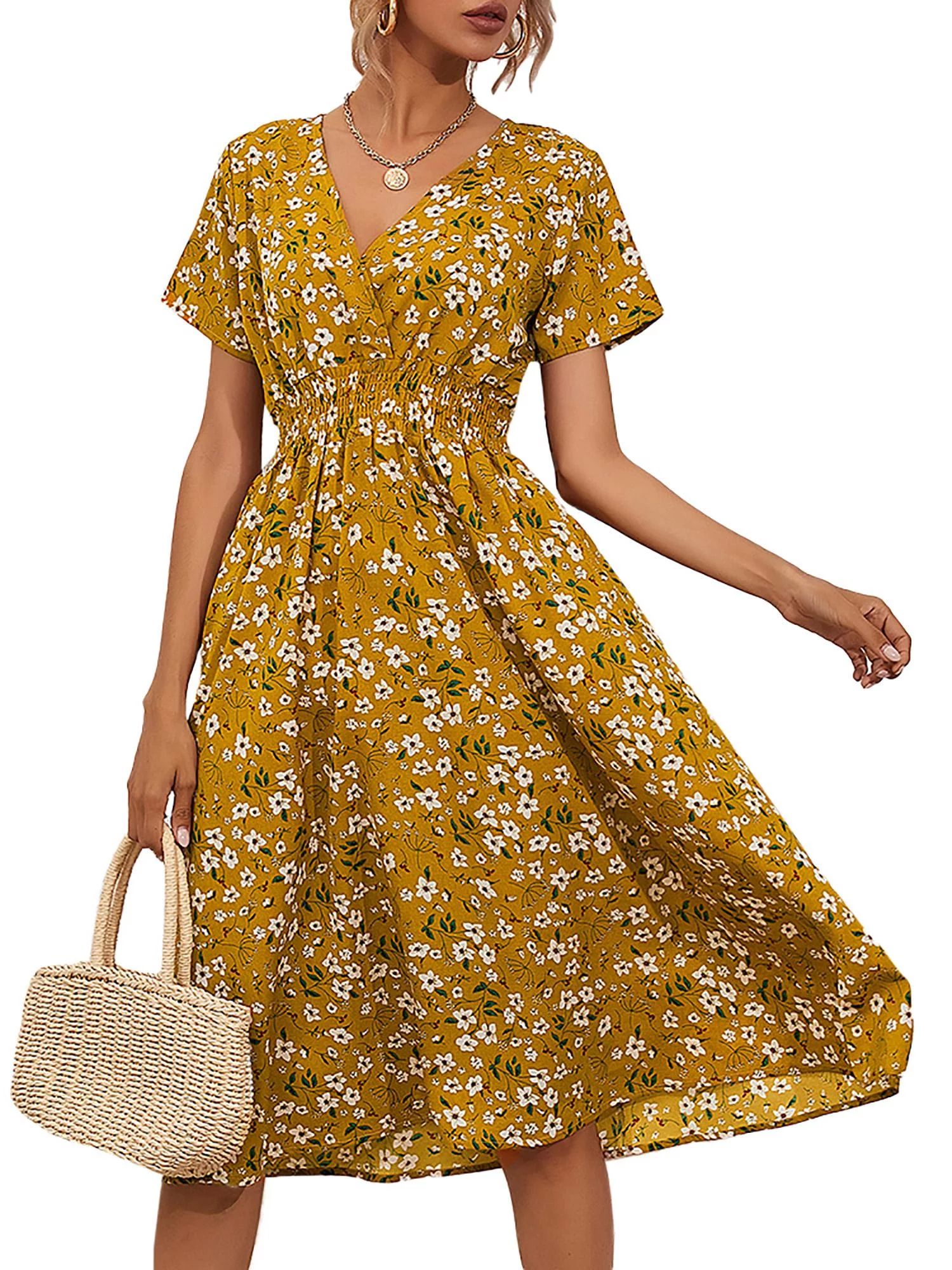 JustVH Women's Bohemian V-Neck Floral Print Elastic Waist Short Sleeve Chiffon Midi Dress - Walma... | Walmart (US)