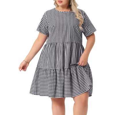 Agnes Orinda Women's Plus Size Gingham Vintage Plaid Round Neck Short Sleeve Tiered A-Line Midi Summer Dress Black 3X | Target