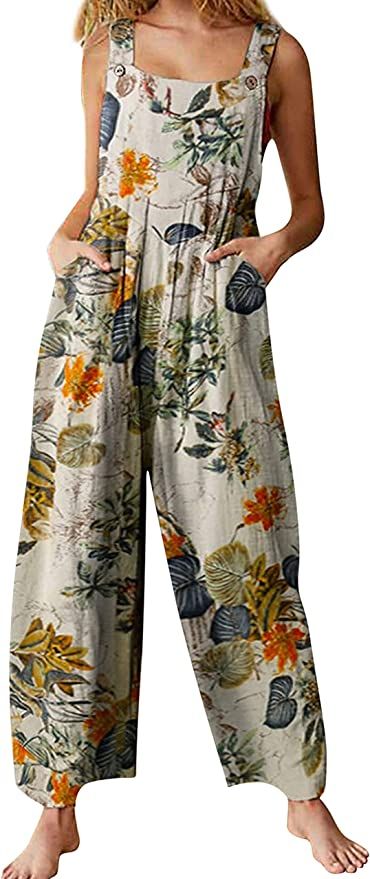 Himosyber Women's Loose Colorblock Floral Print Wide Leg Button Solid Bib Overall Jumpsuit | Amazon (US)