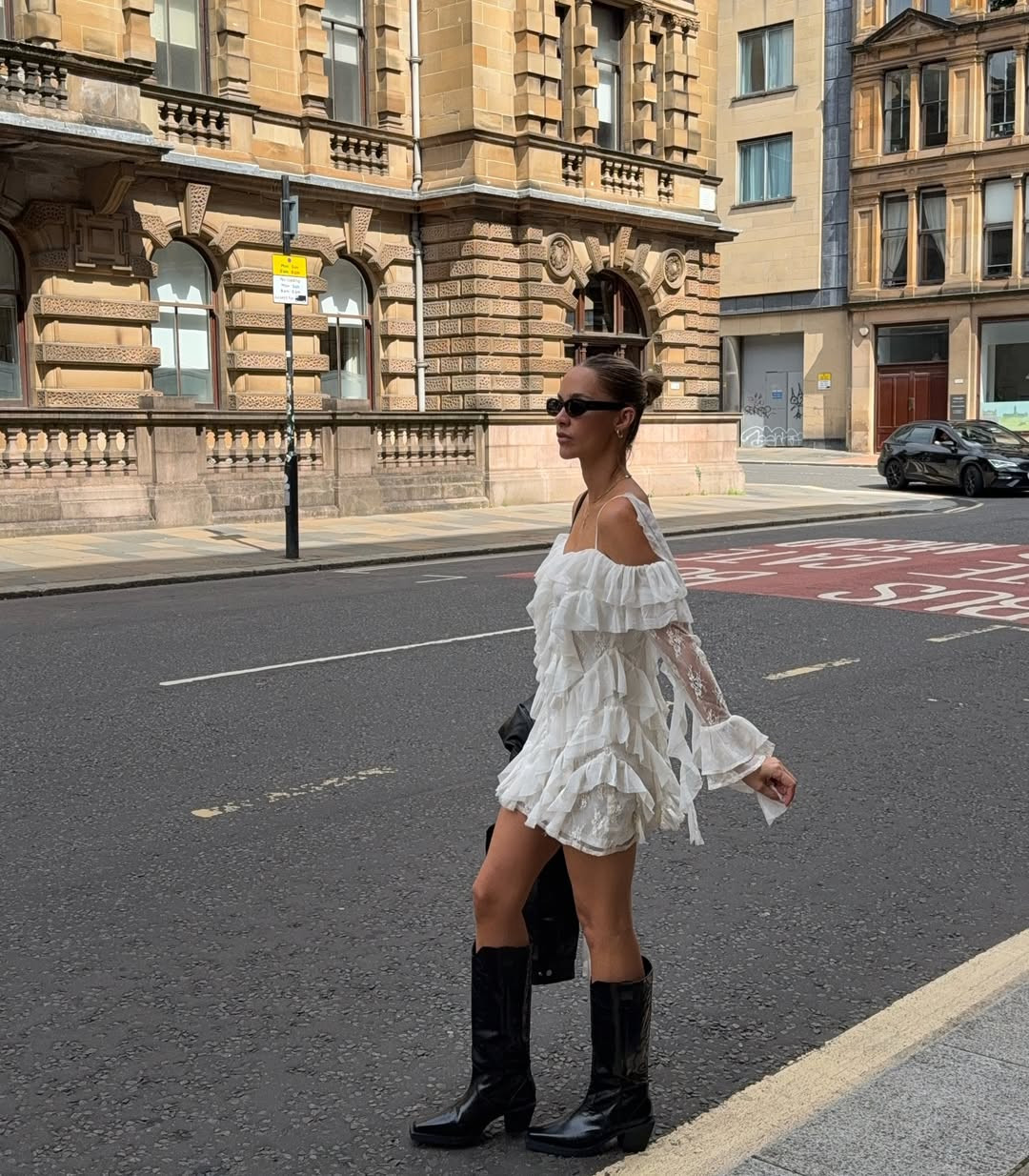 Outfit idea, summer, River Island, lace mini dress, cowboy boots, leather jacket, ootd  

 #LTKuk #LTKsummer #LTKstyletip