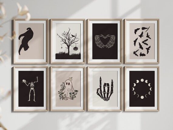 Halloween Gallery Wall Art Set, Set Of 8 Printables, Spooky Halloween Poster Set, Skeleton Black ... | Etsy (US)