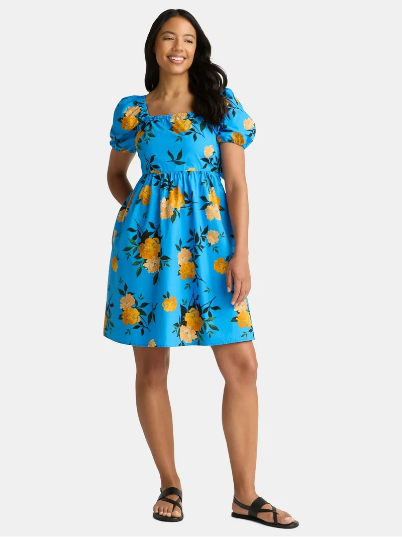 Time and Tru Women's Tie Back Mini Dress with Puff Sleeves, Sizes XS-XXXL | Walmart (US)