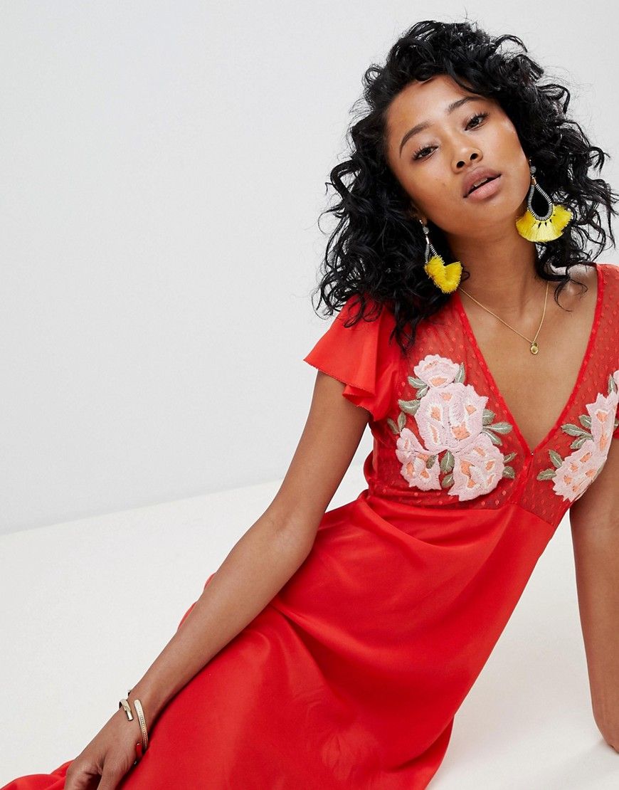 Cleobella Maxi Dress with Embroidered Mesh Bodice - Red | ASOS US