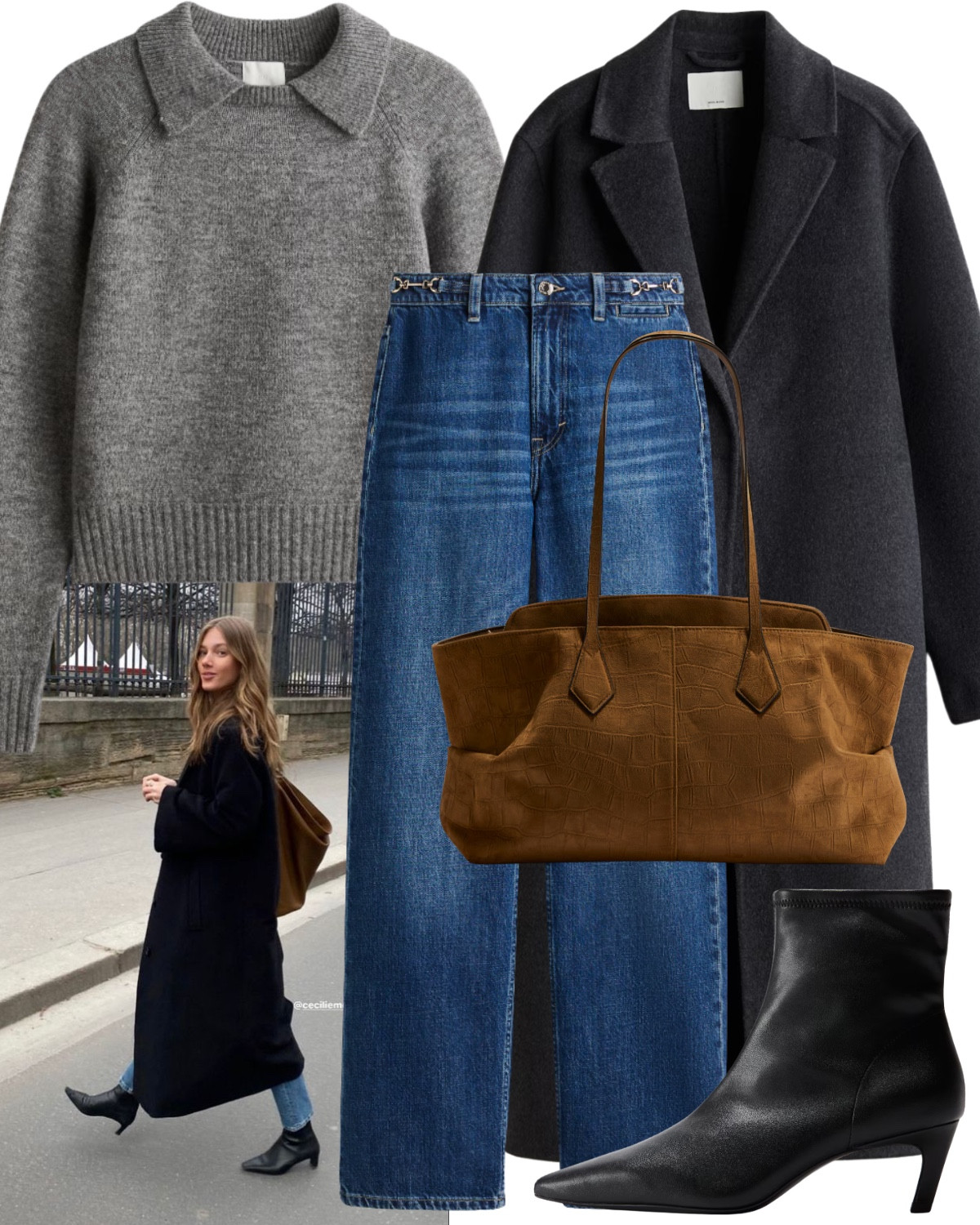 Off-duty weekend outfit, with Celine inspired jeans. 

Including collared knit jumper, grey wool oversized coat, dark blue jeans, suede tote handbag, black heeled boots  

#LTKbag #LTKautumn #LTKstyletip