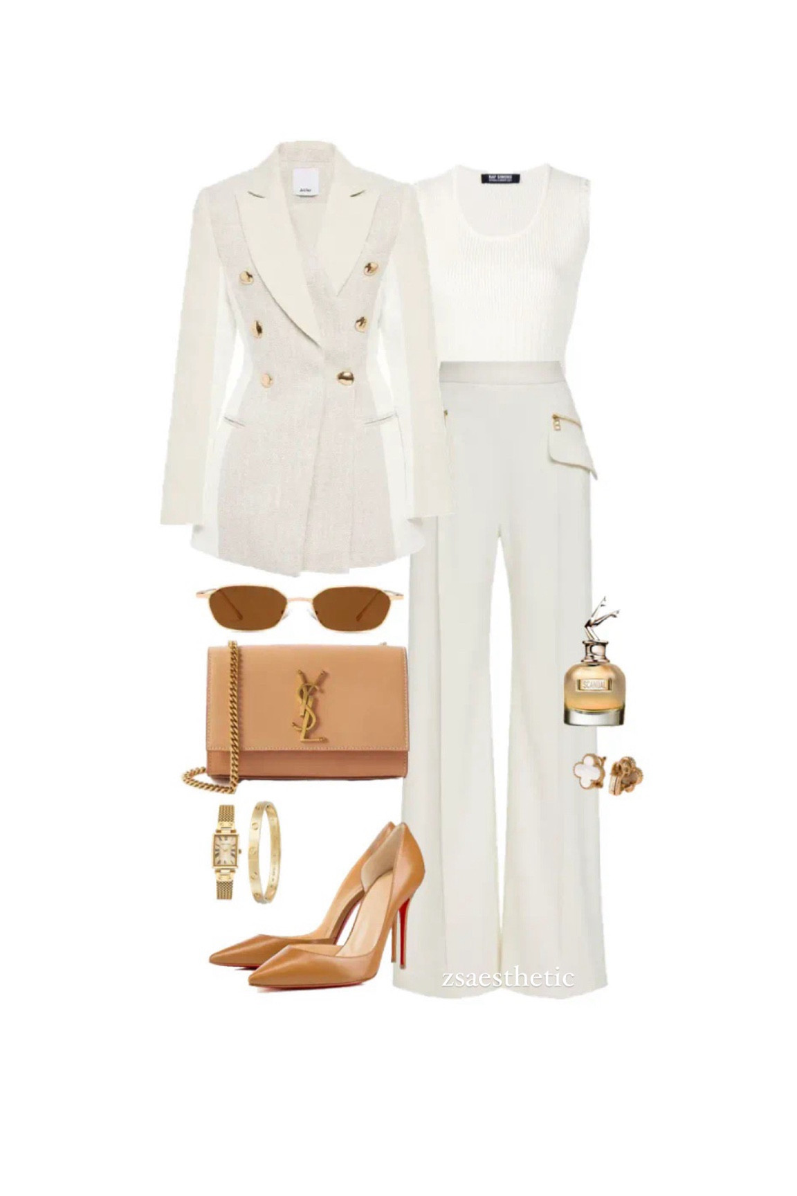 Working woman 
Elegant fashion 
Monochrome outfit 
Cream blazer with gold buttons 
Cream trousers 
Tan YSL bag 
Gold jewellery 
Watch 
Elegant fashion 