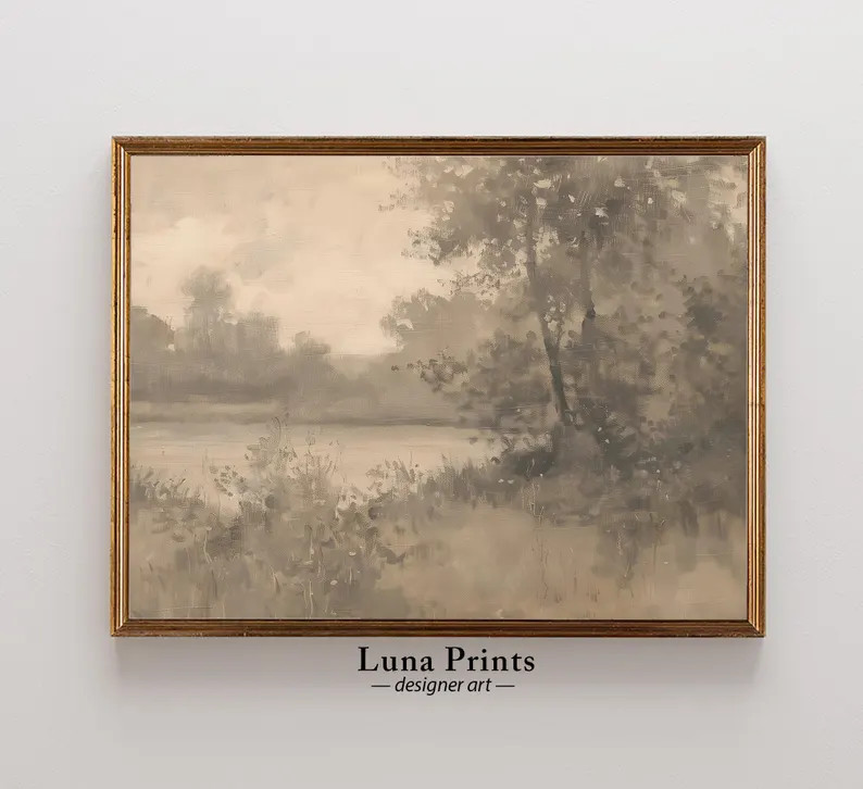 Muted Lake Landscape Painting, PRINTABLE ART, Neutral Landscape, Art for Living Room - Etsy | Etsy (US)