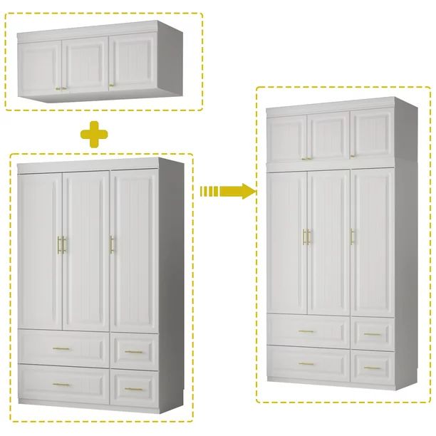 Timechee White Wardrobe Armoire with Hanging Rod, Top Cabinet and Drawers for Bedroom | Walmart (US)