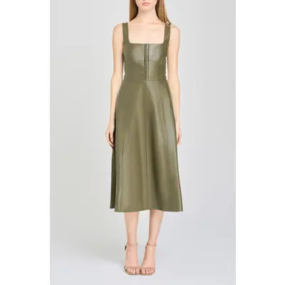WAYF Leonie Faux Leather Fit & Flare Midi Dress in Olive at Nordstrom, Size Medium | Nordstrom