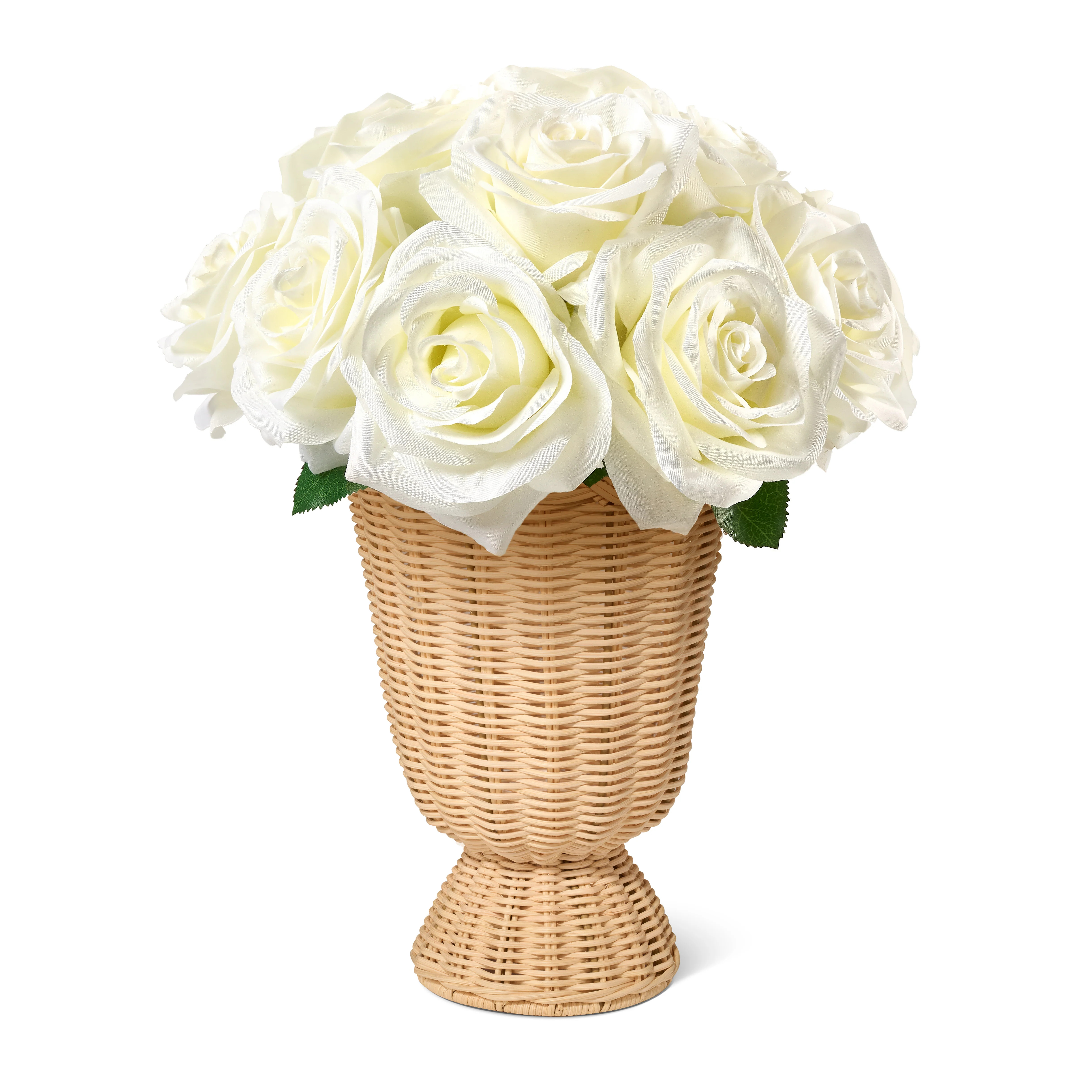White Roses in Freya Rattan Pedestal Vase | Diane James Home