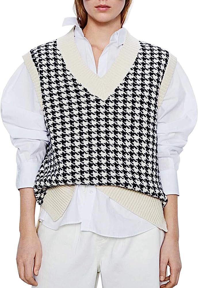 Oversized Houndstooth Knitted Vest Sweater Vintage V Neck Loose Sleeveless Sweater | Amazon (US)