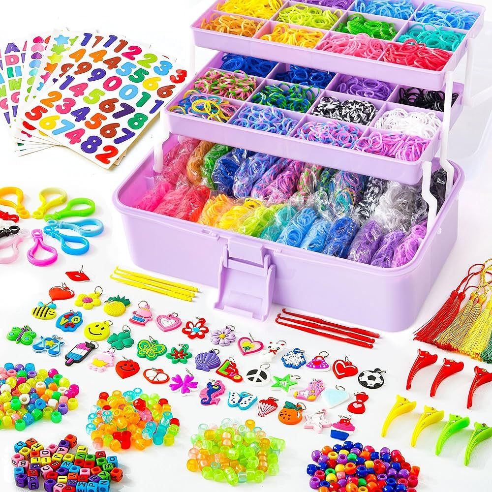 INSCRAFT 17500+ Rubber Loom Bands with 3 Layer Light Purple Container, 28 Colors, 600 S-Clips, 35... | Amazon (US)