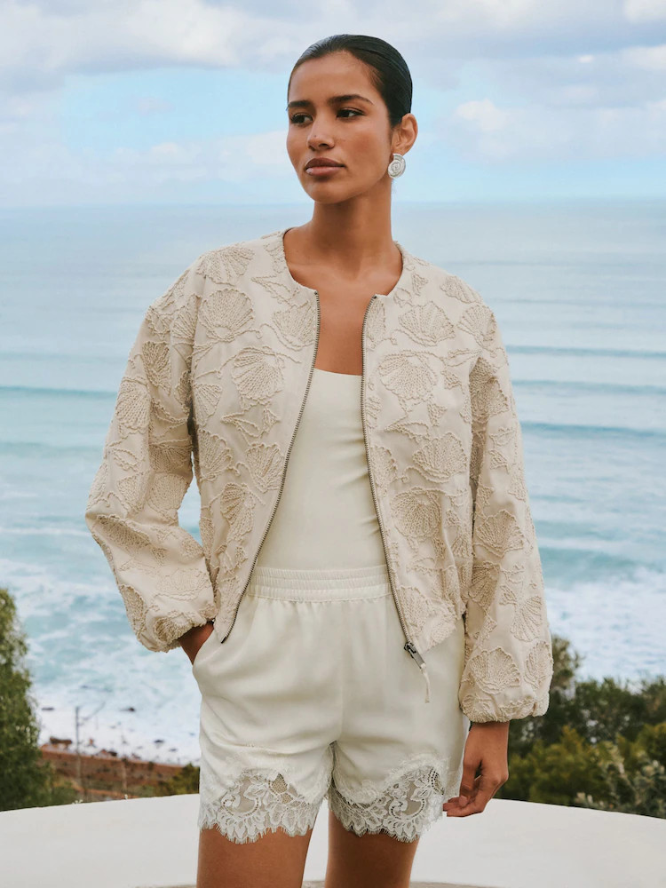 Buy Ecru Seashell Embroidered Cotton Zip Through Jacket from Next Ireland | Next EU