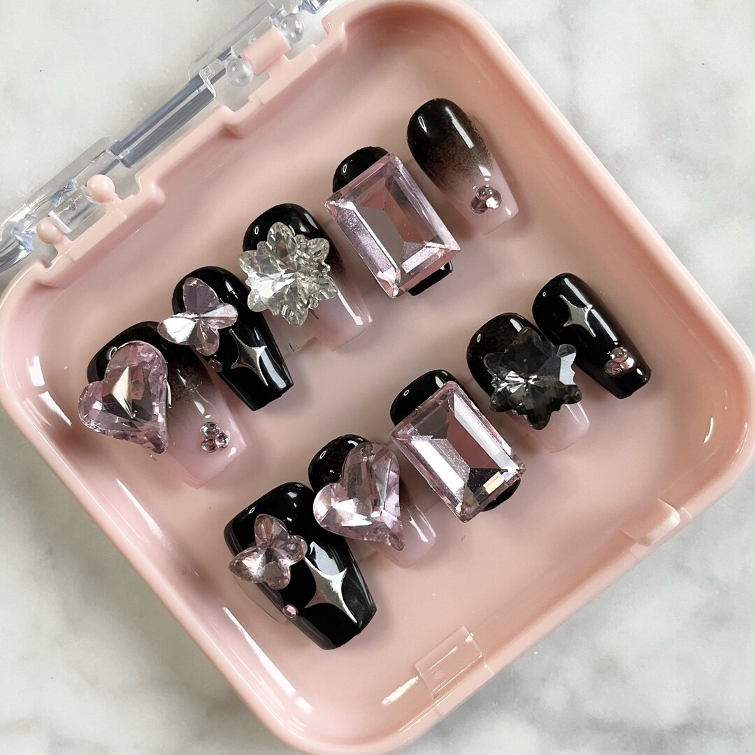 Pink and Black Press On Nails with 3D Heart and Diamond Charms, Cute Nails for Girls, Short Coffi... | Etsy (US)