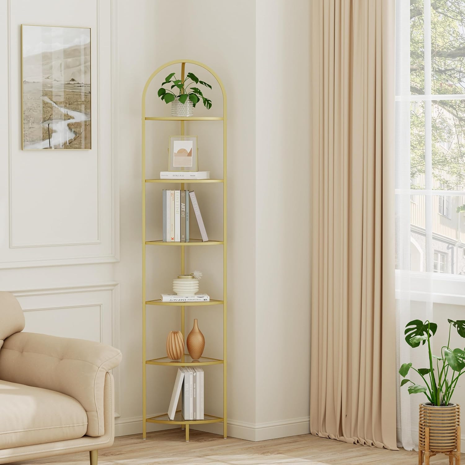 6-Tier Gold Corner Shelf Stand, Metal Corner Bookshelf | Amazon (US)