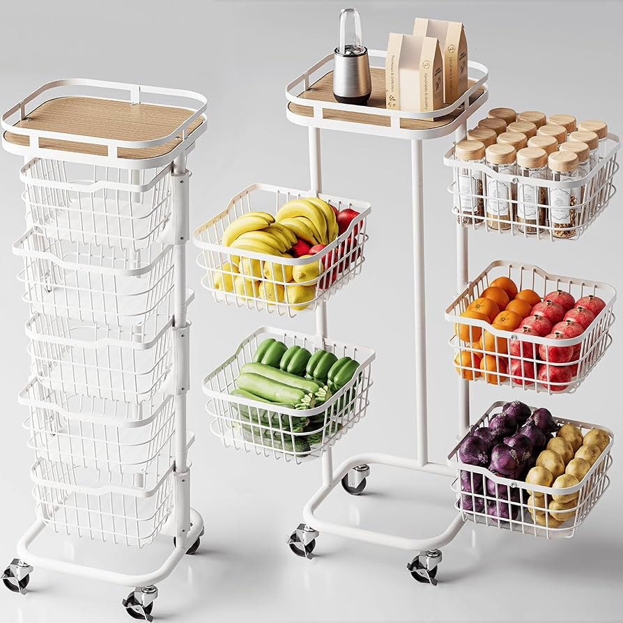 5 Tier Kitchen Fruit Vegetable Storage Cart with Rotating Basket, Rolling Rack Shelf Organizer Fl... | Amazon (US)