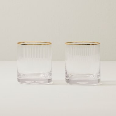 SET OF 2 RIBBED LOWBALL GLASSES, GOLD RIM | Indigo (CA)