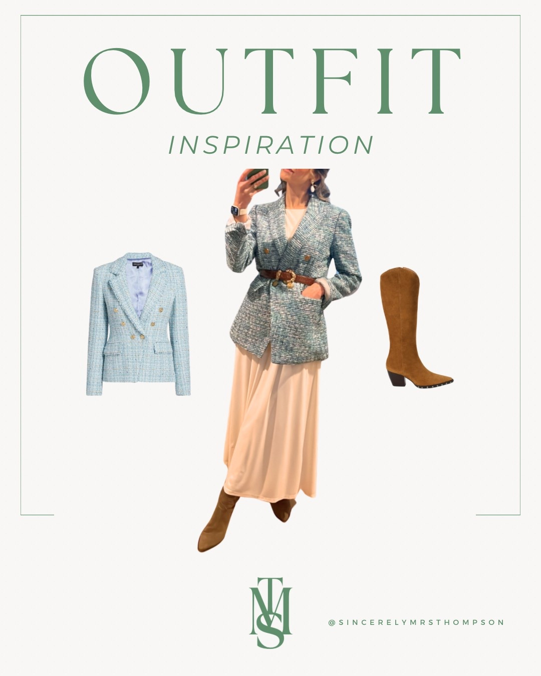 A blue tweed, white dress, and brown boot workwear outfit. 

#LTKWorkwear