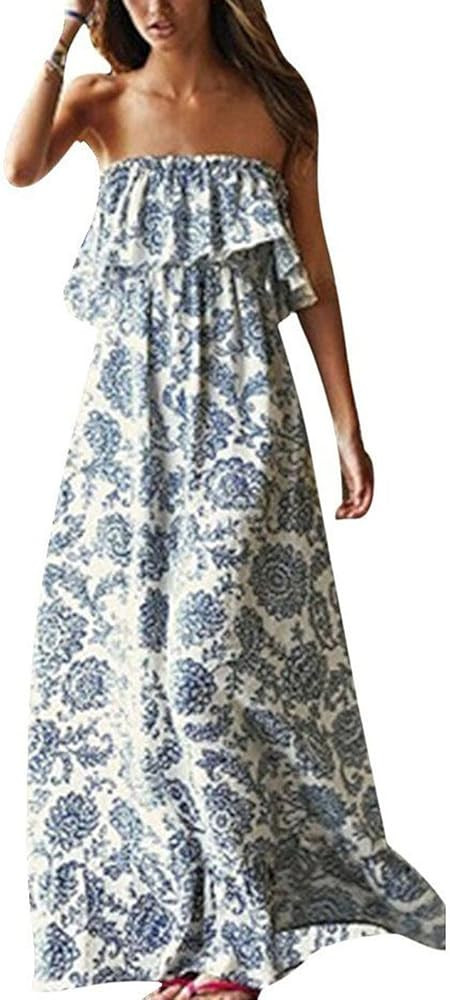 Women Summer Blue and White Porcelain Strapless Boho Maxi Long Dress | Amazon (US)