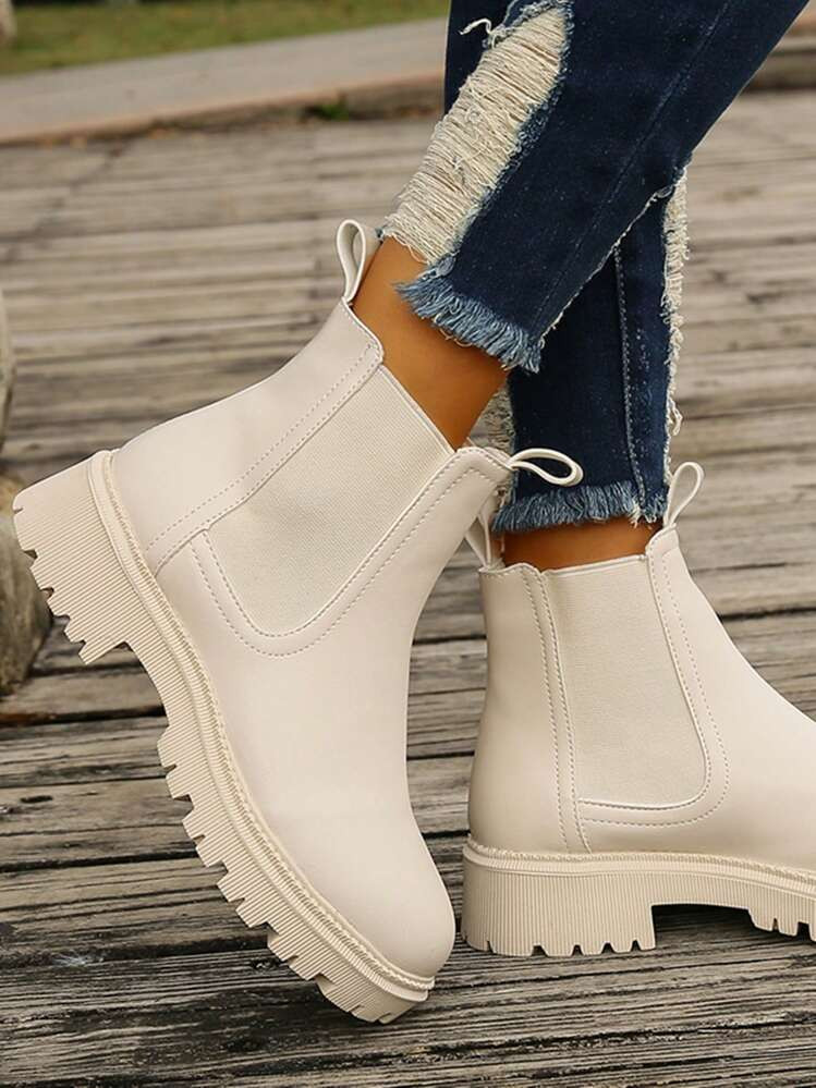 Women's Chelsea Style Slip-On Ankle Boots With Warm Flannel Lining, Rubber Sole, Fabric Lining, M... | SHEIN