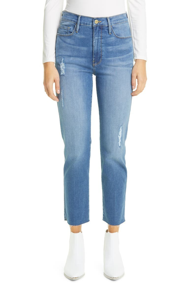 Le Sylvie Distressed High Waist Raw Hem Crop Straight Leg Jeans | Nordstrom