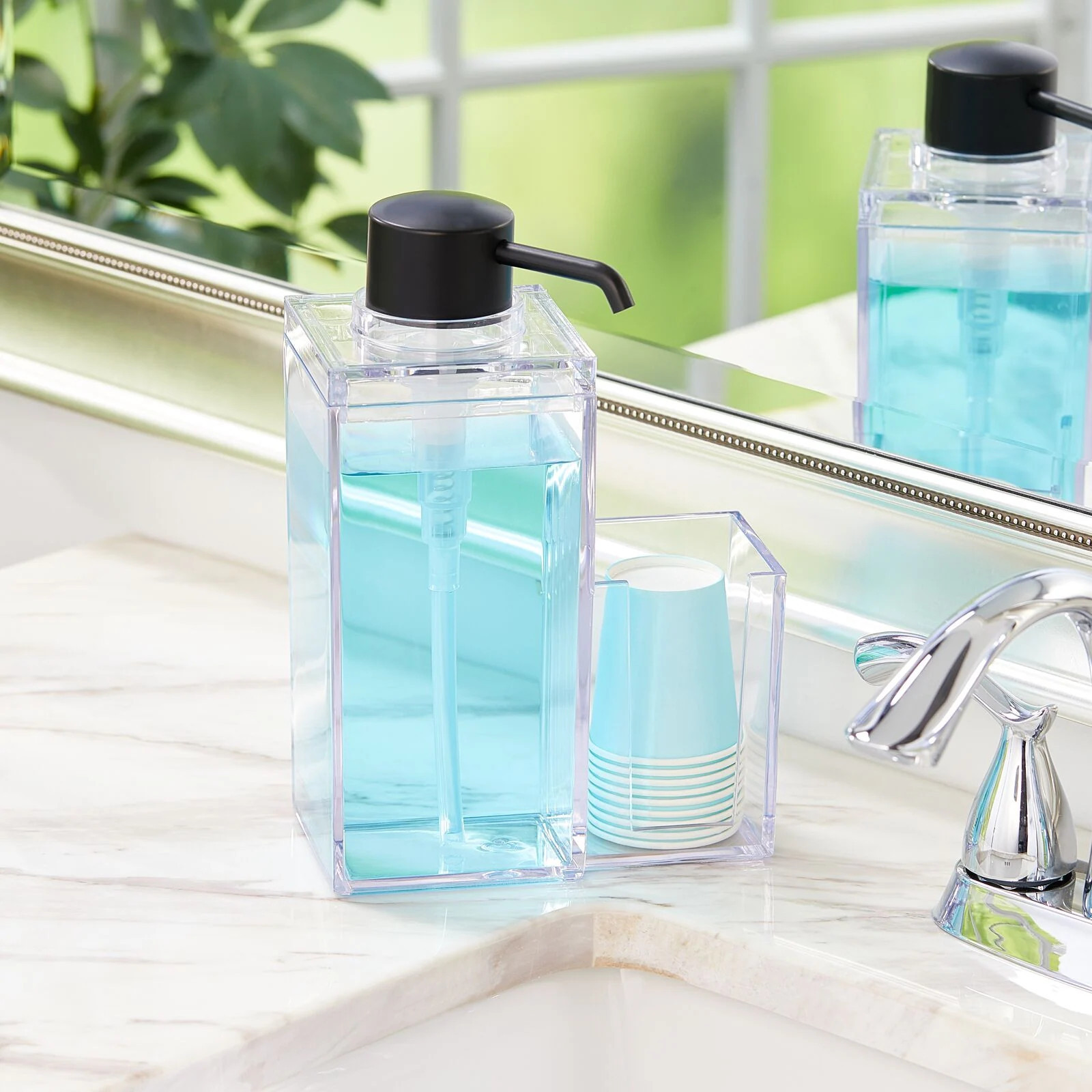 mDesign Plastic Bathroom Mouthwash Pump and Cup Holder - Clear/Matte Black - 9.100 X 6.500 | Bed Bath & Beyond
