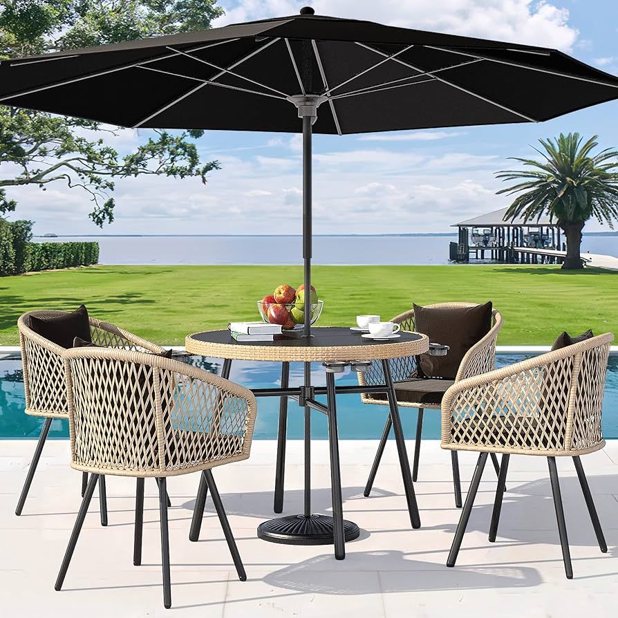YITAHOME 5-Piece Outdoor Dining Set with Umbralle Hole, Rattan Patio Dinging Set for 4 with Cup H... | Amazon (US)