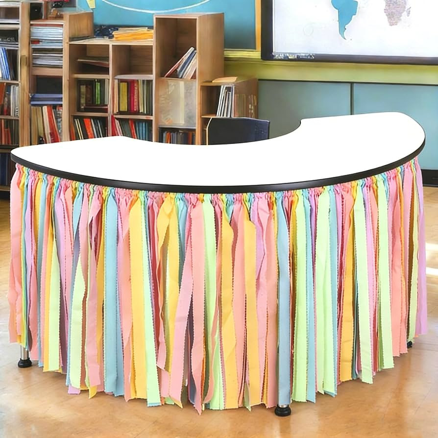 Whaline Pastel Table Skirt for Teacher Desk Pink Yellow Blue Purple Green Fabric Table Cover Skir... | Amazon (US)