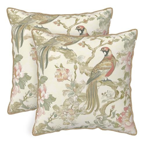 Vintage Bird Floral Soft Velvet Throw Pillow Covers Set of 2 Cream Chinoiserie Flowers Leaves Decorative Pillow Covers 20x20 Inch Retro Farmhouse Pillow Case With Gold Trim For Sofa Couch Home Decor | Amazon (US)