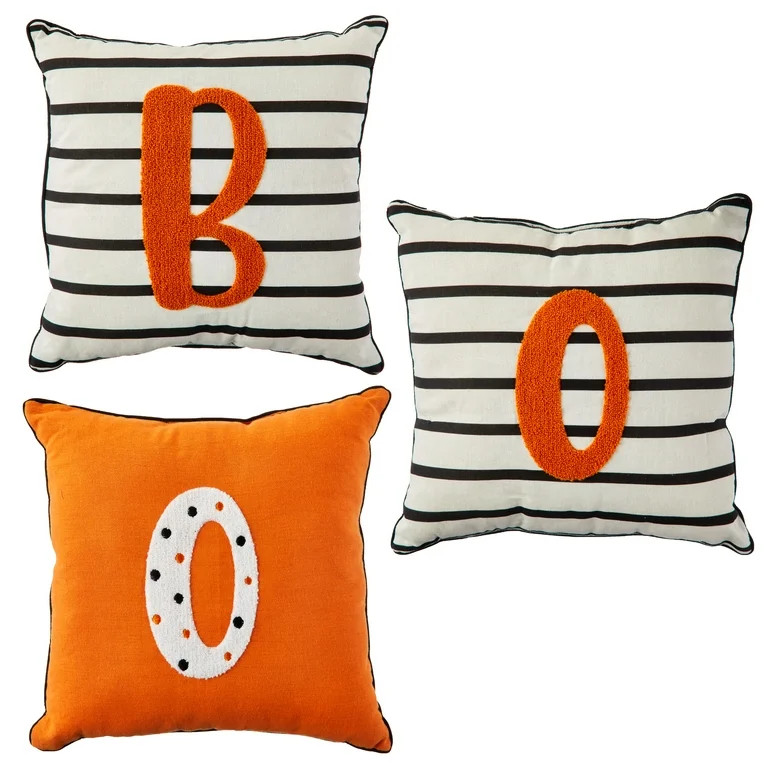 Way To Celebrate Halloween Decorative Pillow, 3pcs Pack 13inch Square Pillow, Stripe Boo, Black/W... | Walmart (US)