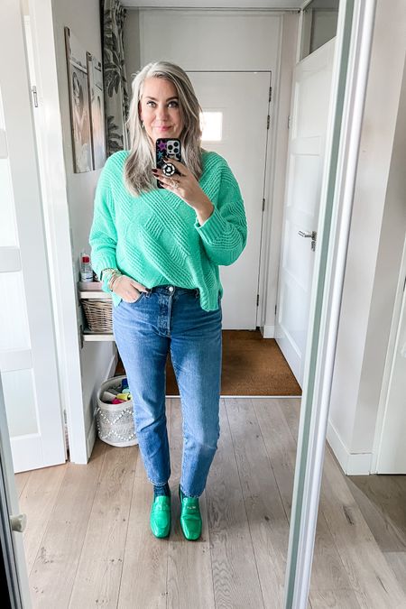 Ootd - Friday. A turquoise mint cable knit sweater (Norah) over the best basic white t-shirt. Paired with blue Levi’s 501 jeans and green loafers (Babouche). 



#LTKmidsize #LTKstyletip #LTKover40