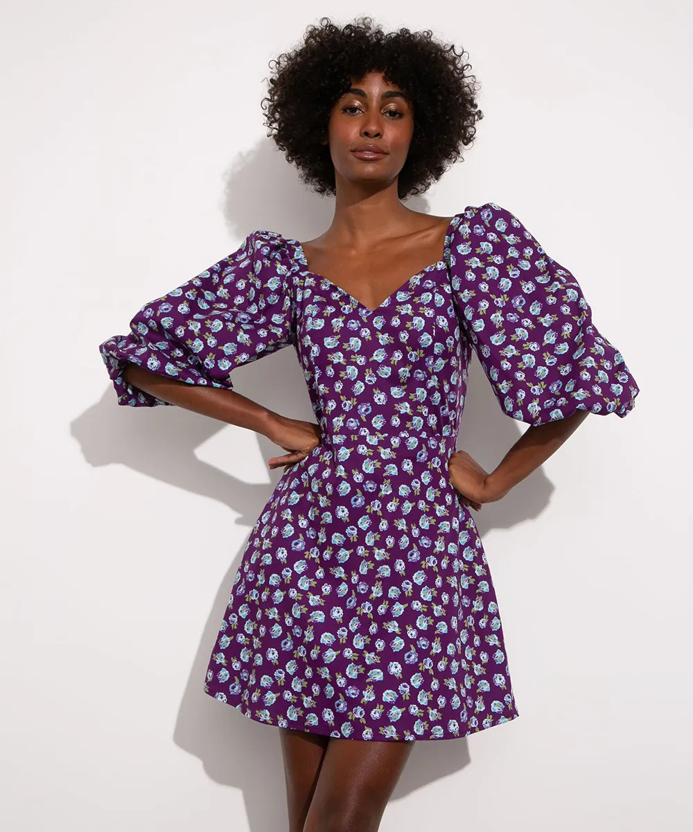 vestido curto estampado floral manga bufante decote princesa mindset roxo | C&A (BR)