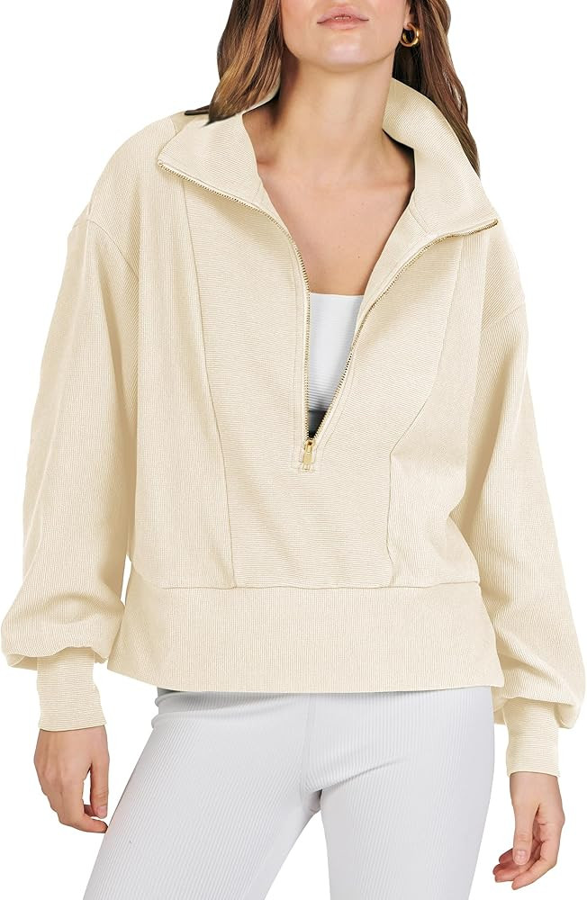 ANRABESS Women Half Zip Cropped Sweatshirt Casual Fleece Quarter Zip Up Rib Knit Pullover 2023 Fall  | Amazon (US)