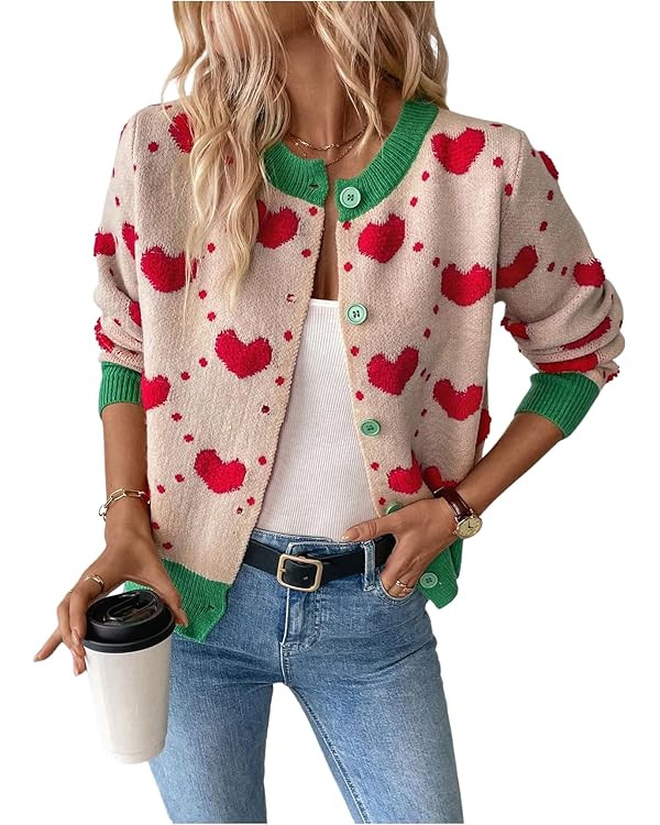 GORGLITTER Women's Heart Long Sleeve Button Down Cardigan Sweater Fall Trendy Dressy Color Block ... | Amazon (US)