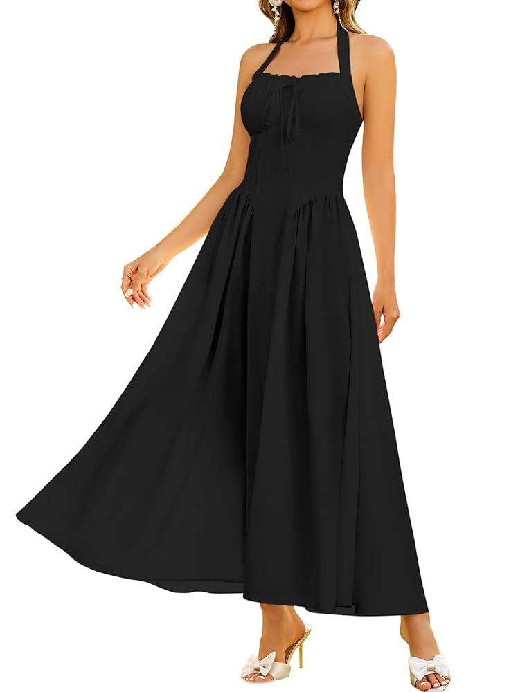KUTUMAI Summer Floral Corset Midi Dress Halter Smocked Sundress Flowy A Line Beach Wedding Guest ... | Amazon (US)