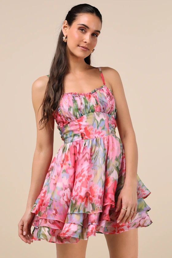 Evonne Pink Abstract Floral Tiered Mini Skater Dress | Lulus