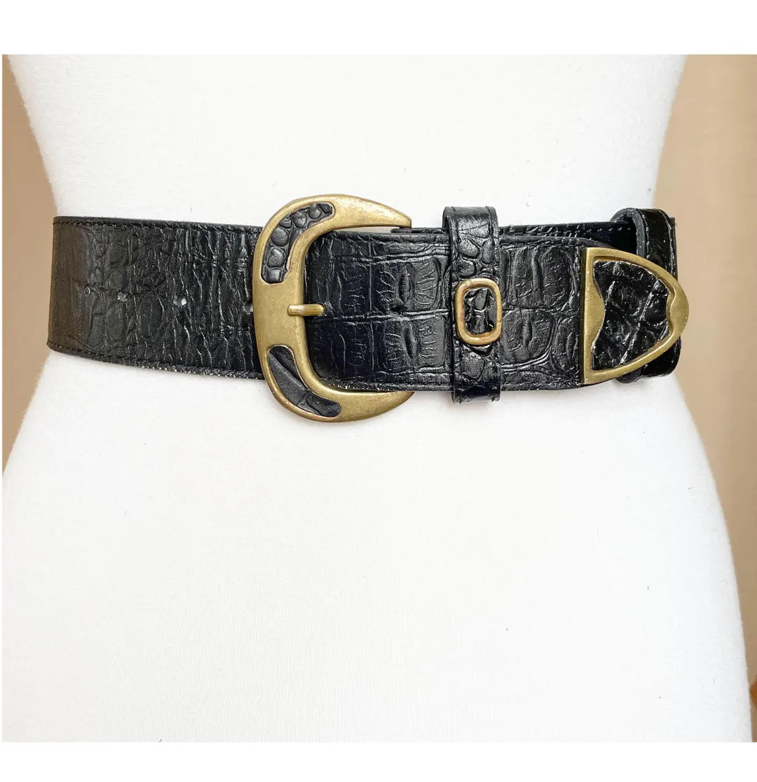 70s 80s Vintage  31-35"/ 80-90cm Black Textured Leather belt | Etsy (US)