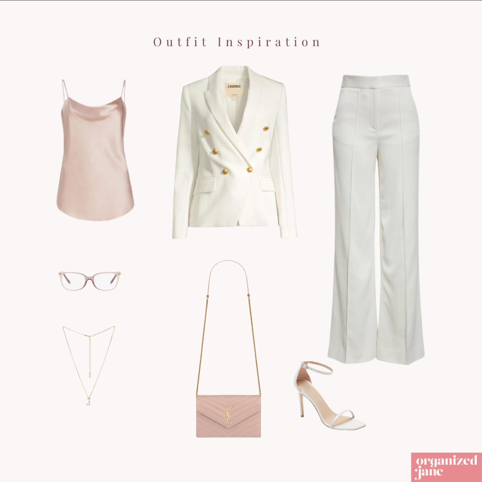 Embrace a soft and refined look with this pastel-inspired outfit. A blush satin top pairs perfectly with a white blazer and wide-leg pants. Add delicate accessories and nude heels for a sophisticated and feminine ensemble. 👓👡

#LTKSeasonal