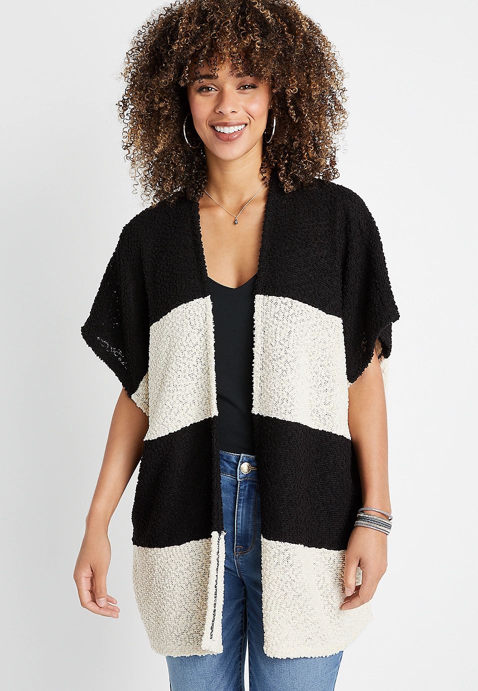 Black and White Striped Short Sleeve Cardigan | Maurices