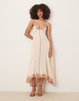 ASOS DESIGN contrast embroidered cami midi dress with ladder trim details in cream | ASOS (Global)