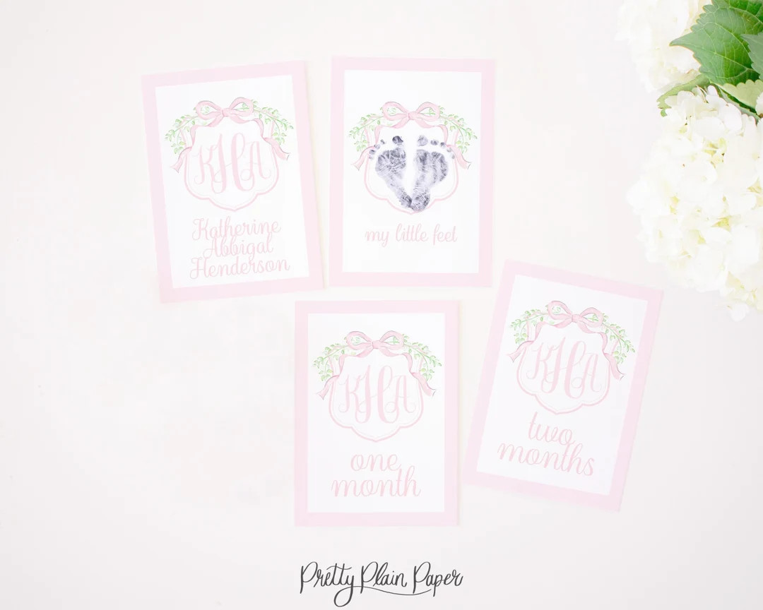Monthly Milestone Cards 5x7 Watercolor Pink Crest With Monogram and Bow My First Year Cards for N... | Etsy (US)