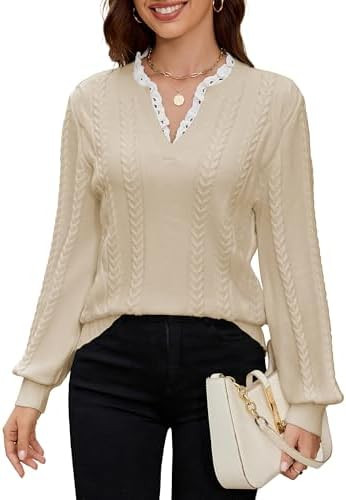 Angashion Womens Sweaters Long Sleeve Casual V Neck Jumper Tops Fall Winter Knit Pullover Sweater | Amazon (US)