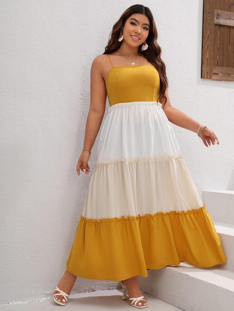 SHEIN VCAY Plus Colorblock Shirred Back Ruffle Hem Cami Dress | SHEIN