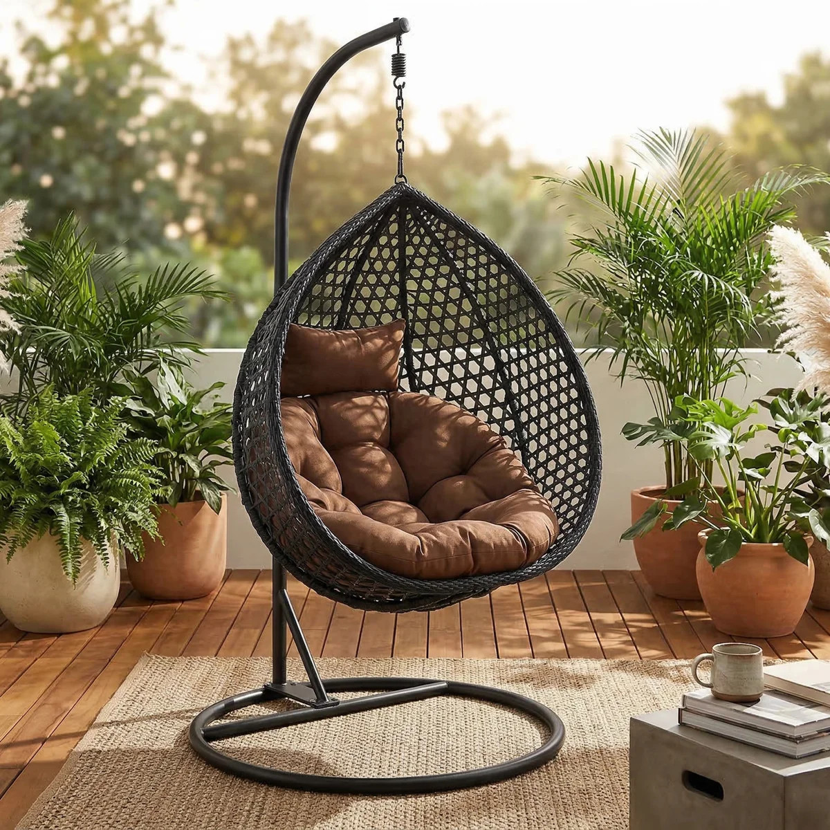 Chaviano Modern Indoor Outdoor Wicker Egg Chair with C-Stand, Teardrop Swing Chair with UV-Resist... | Wayfair North America