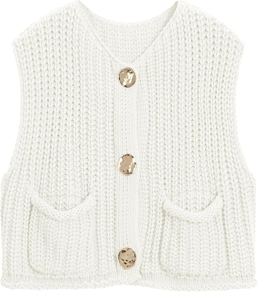 Hixiaohe Womens Crochet Chunky Knit Top Sleeveless Button Down Crop Tops Trendy Cardigan Sweater ... | Amazon (US)