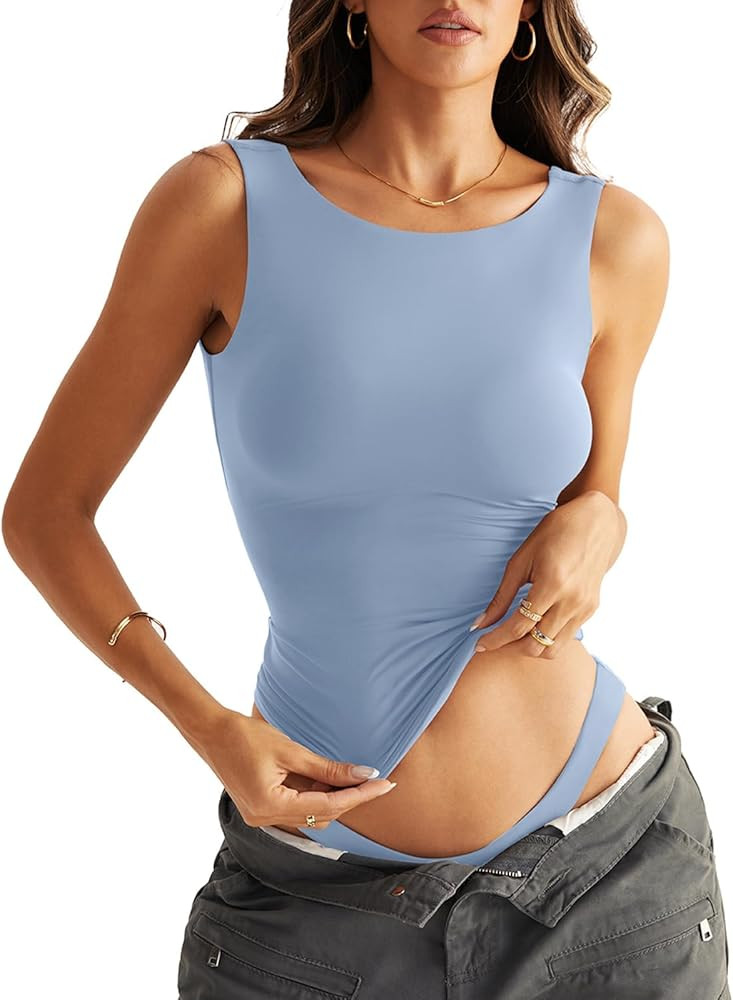 Women Sleeveless Boat Neck Tops Double Lined Backless Tank Tops Basic Fitted T Shirts 2025 | Amazon (US)
