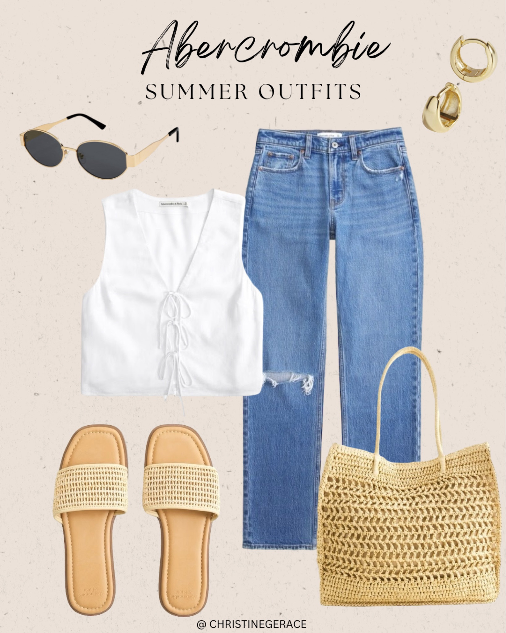 Abercrombie summer outfit

Jeans, sandals, tote bag, sunglasses hoop earrings, tied top 
@christinegerace_ 🤍🤍

#LTKStyleTip #LTKSaleAlert #LTKSummerSales