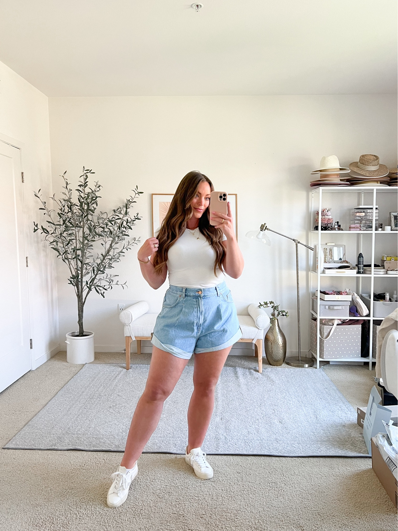 Jean shorts and basic white tee with white sneakers for todays outfit! 💕

#LTKmidsize #LTKSeasonal #LTKfindsunder100
