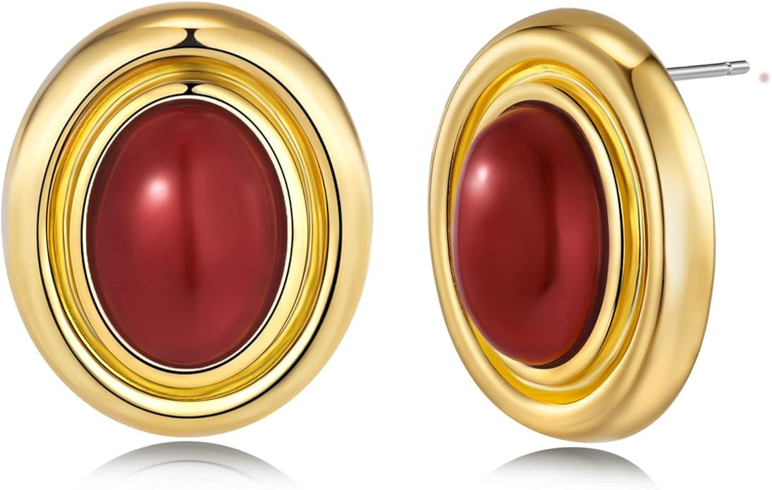 Gold Medium Oval Button Chunky Statement Earrings for Women by SNGIA, (Turquoise, Carnelian) Bold... | Amazon (US)