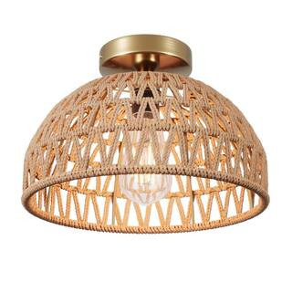 11.02 in. 1-Light Handmade Woven Boho Semi-Flush Mount Rustic Rattan Ceiling Light | The Home Depot